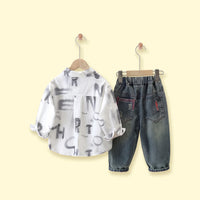 Boys White Typographic Shirt With Denim Pants Sets 2 pc. Sets