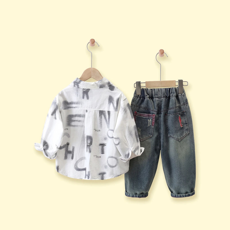 Boys White Typographic Shirt With Denim Pants Sets 2 pc. Sets