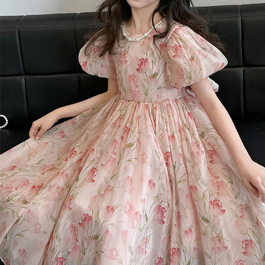 Girls Pink Floral Print Fit & Flare Dress With Puff Sleeves Casual Dresses