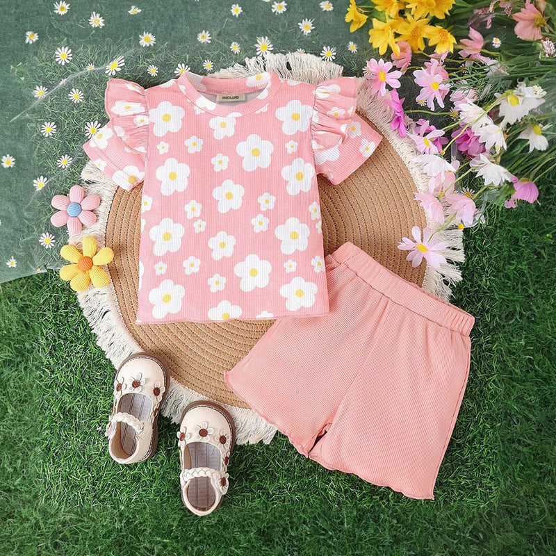 Girls Short Sleeve Flower Printed T-Shirt With Shorts Set 2 pc. Sets Pink 1-2 Y 