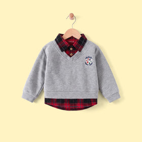 Boy Grey Faux Layered V-Neck Plaid Collared Sweater Sweaters & Cardigans Grey 1-2 Y