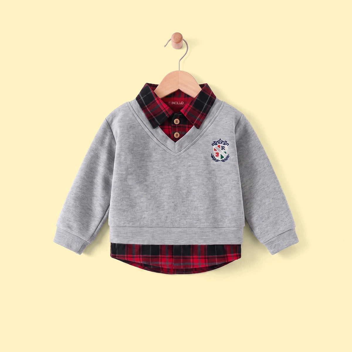 Boy Grey Faux Layered V-Neck Plaid Collared Sweater Sweaters & Cardigans Grey 1-2 Y