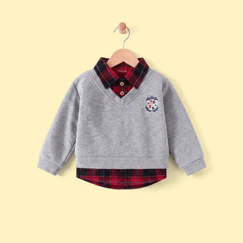 Boy Grey Faux Layered V-Neck Plaid Collared Sweater Sweaters & Cardigans Grey 1-2 Y