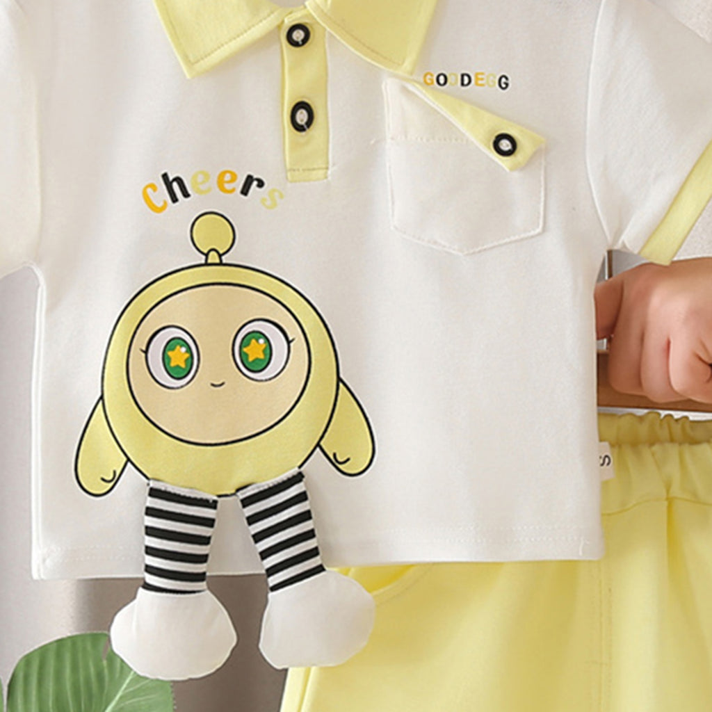 Boys Yellow Cartoon Printed Applique Short Sleeves Polo T-Shirt With Shorts Set 2 pc. Sets