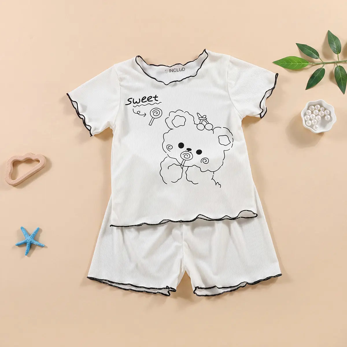 Girls Off White Bear Graphic Printed Short Sleeve Top With Shorts Sets 2 pc. Sets Off White 1-2 Y