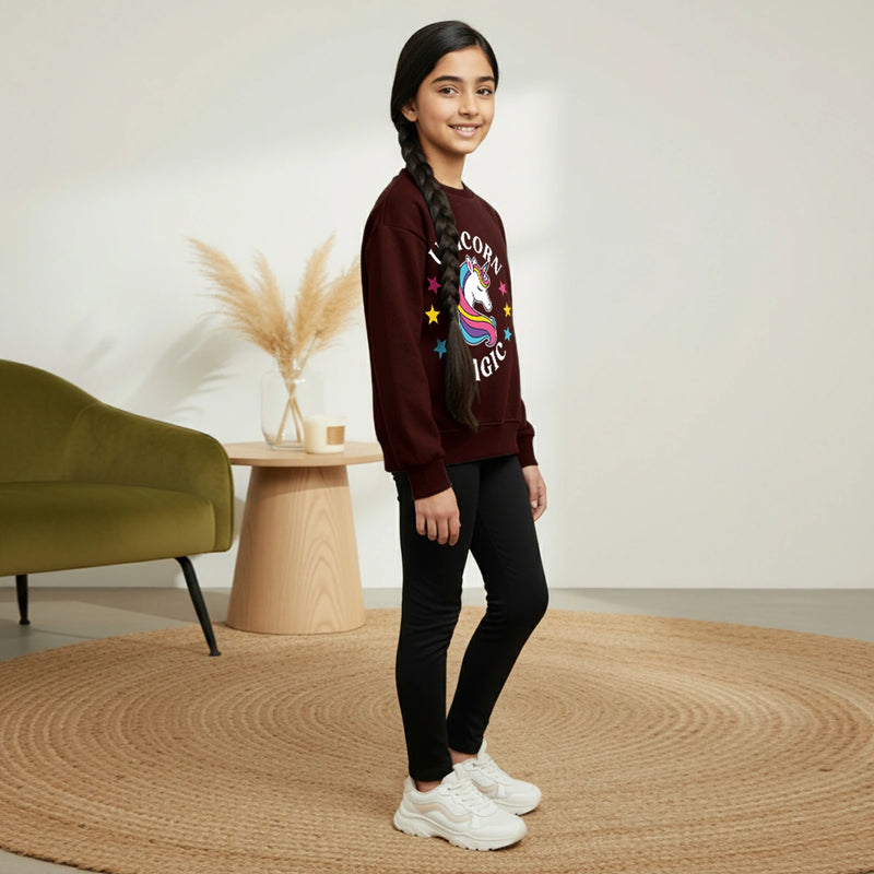 Girls Maroon Unicorn Magic Graphics Round Neck Sweatshirt Sweatshirts & Hoodies