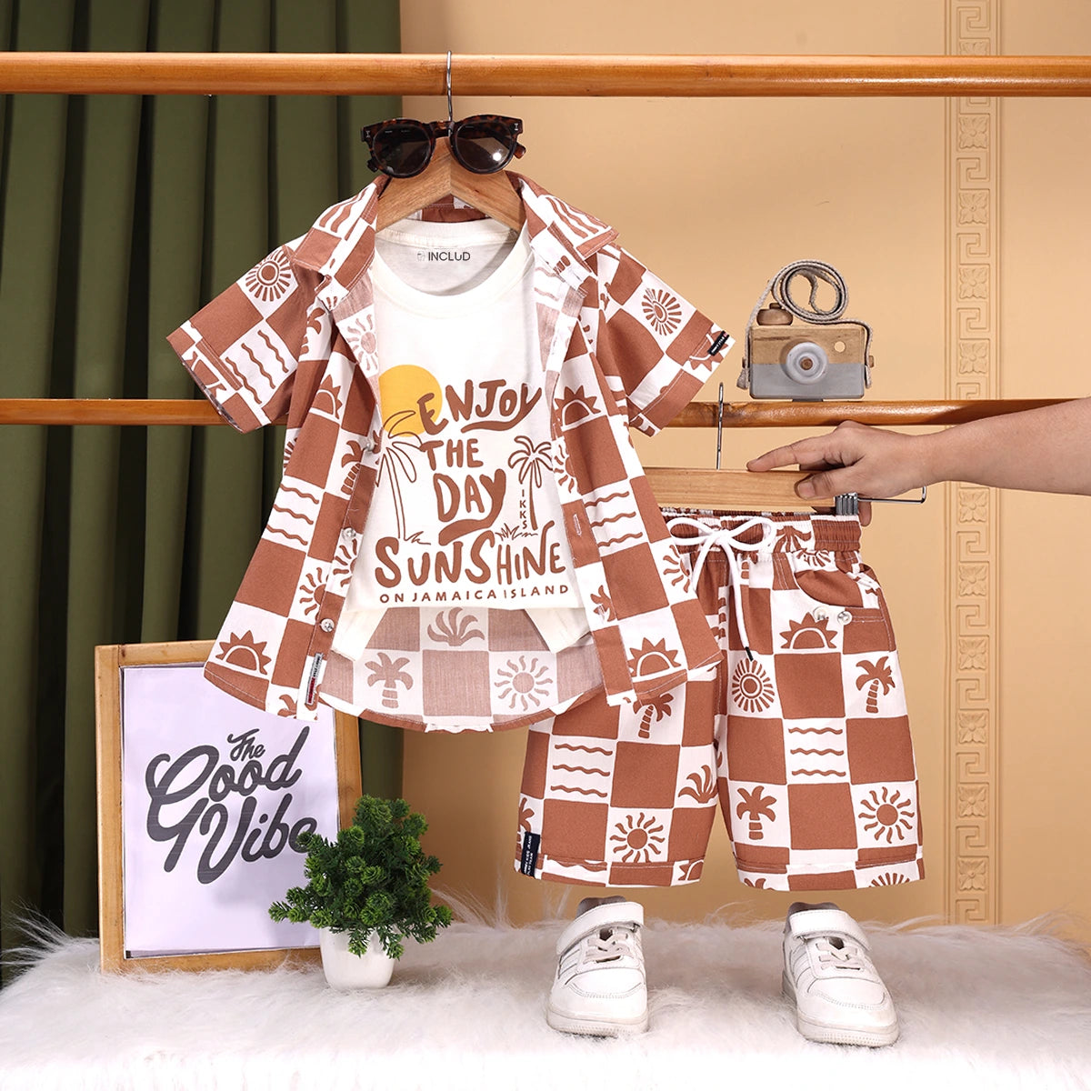 Boys Brown Tropical Print Checked Shirt With T-Shirt And Shorts Sets 3 pc. Sets Brown 6-12 M