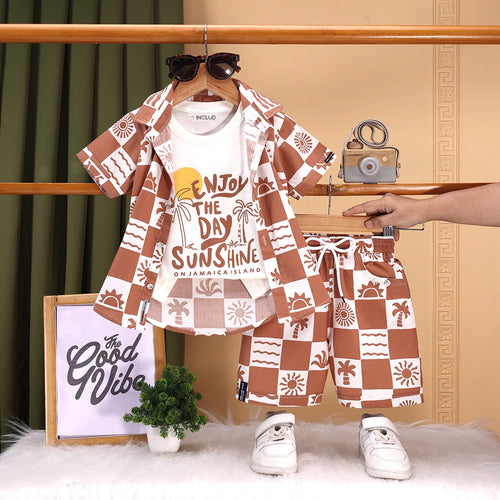 Boys Brown Tropical Print Checked Shirt With T-Shirt And Shorts Sets 3 pc. Sets Brown 6-12 M