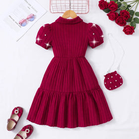 Girls Burgundy Textured Puff Sleeve Fit & Flare Dress Casual Dresses
