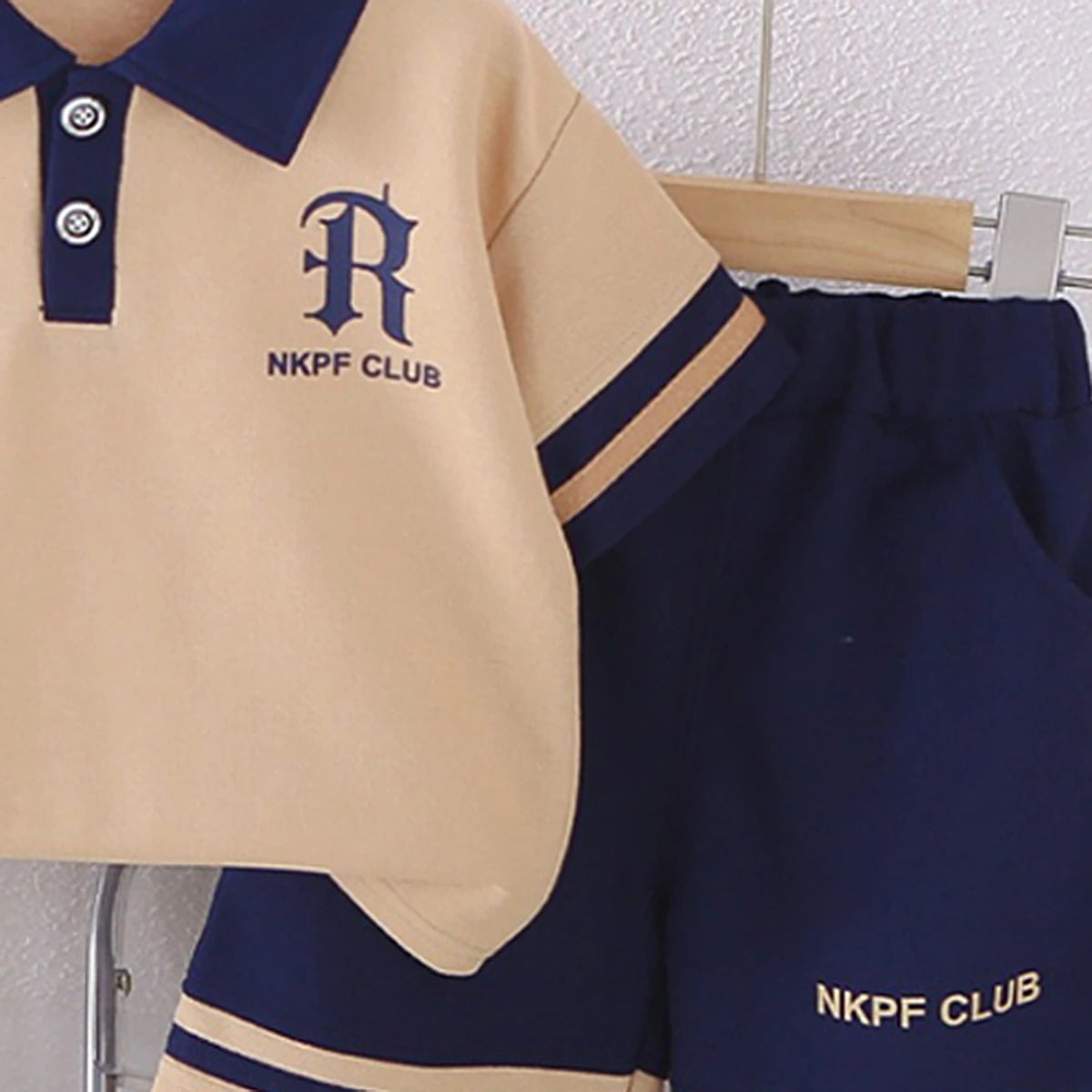 Boys Khaki Typographic Print Polo T-Shirt With Shorts Set Sets