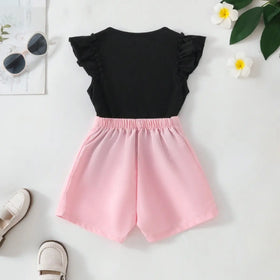 Girls Typographic Printed Top With Pink Shorts Set Sets