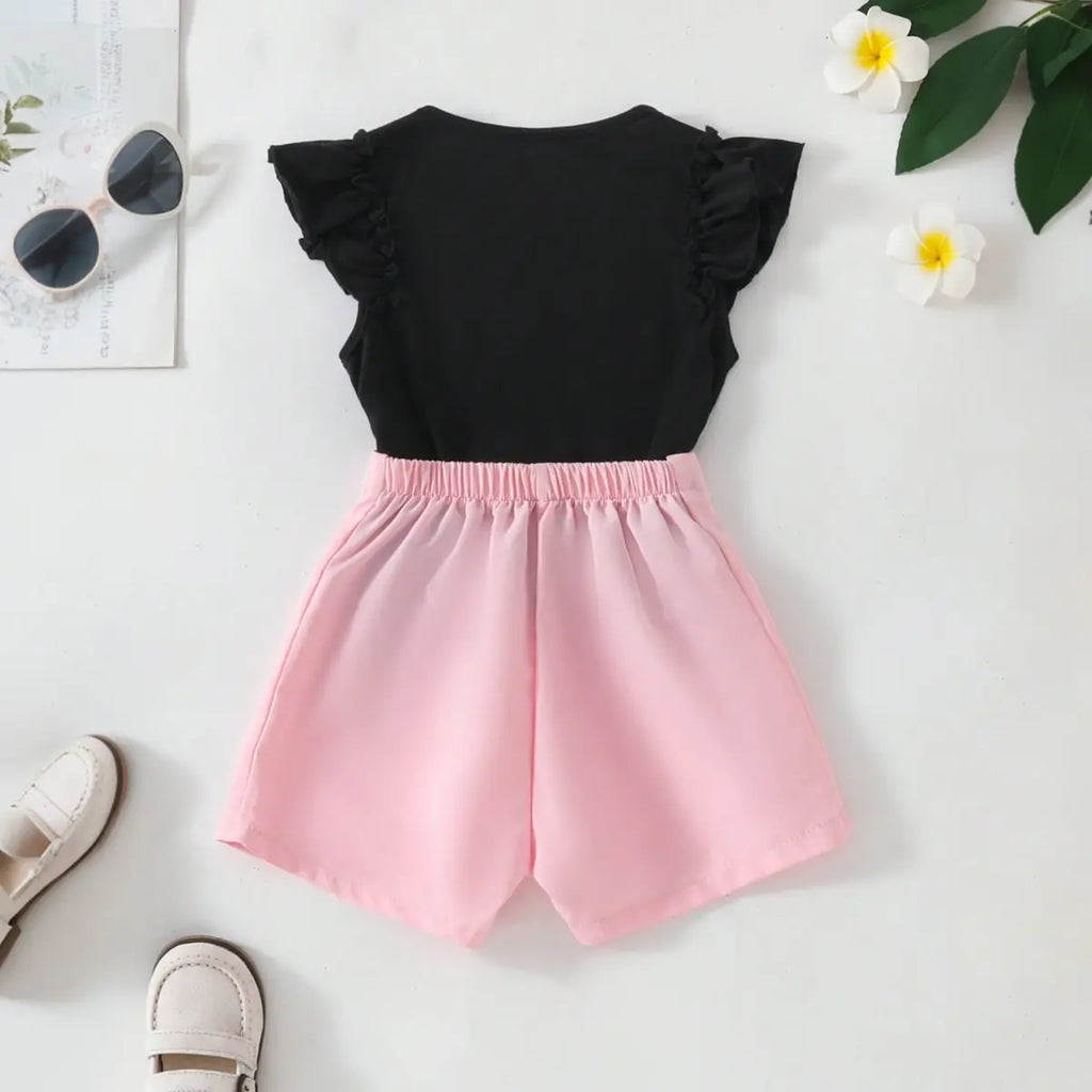 Girls Typographic Printed Top With Pink Shorts Set Sets