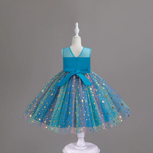 Girls Blue Star Foil Print Sleeveless Fit & Flare Party Wear Dress Party Dresses