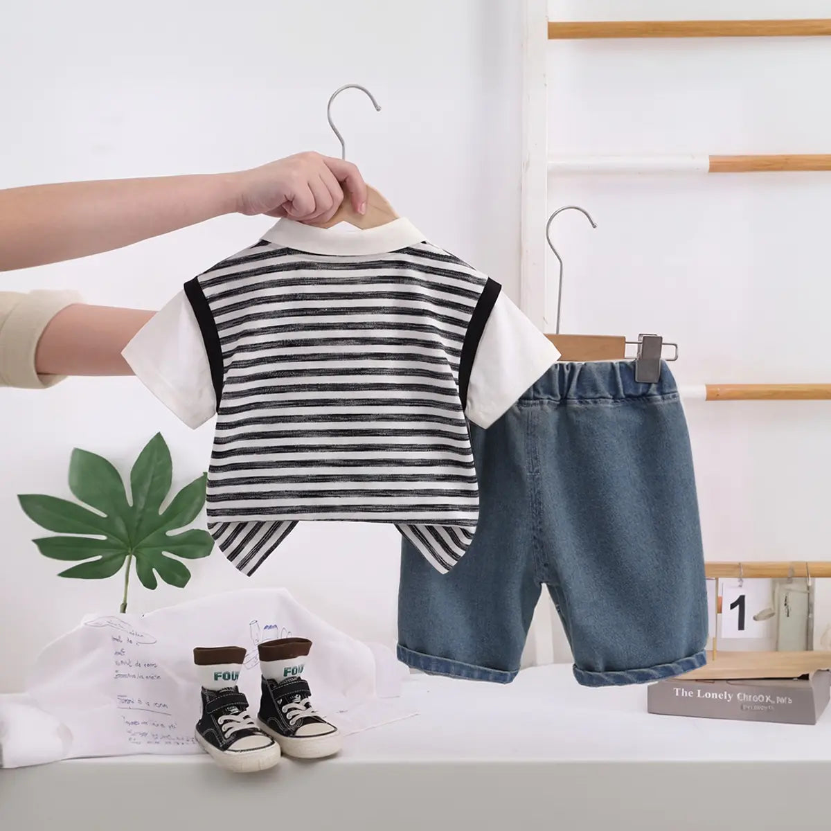 Boys Black Striped Short Sleeve Polo T-Shirt With Elasticated Denim Shorts 2 pc. Sets