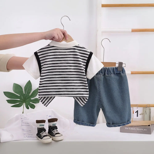 Boys Black Striped Short Sleeve Polo T-Shirt With Elasticated Denim Shorts 2 pc. Sets
