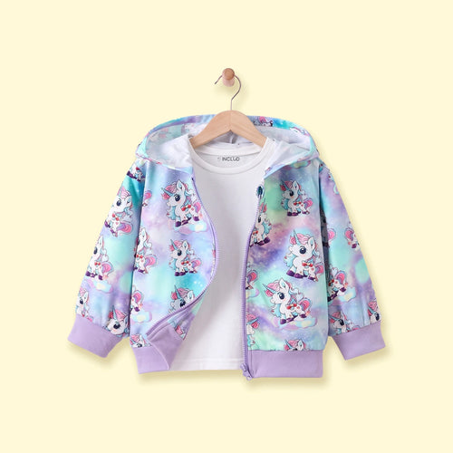 Girls Multicolour Unicorn Print Long Sleeve Hooded Jacket Coats & Jackets Multicolor 4-5 Y