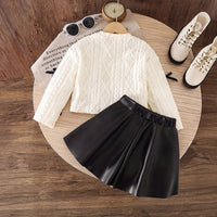 Girls Off White Bow Applique Round Neck Top With Faux Leather Skirt Sets 2 pc. Sets