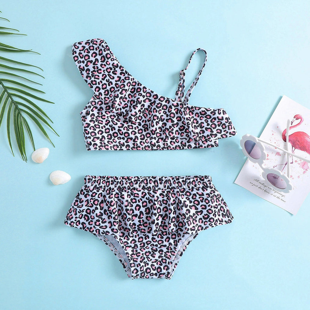 Girls Black Leopard Print One Shoulder Top With Briefs Swimwear Sets Sets Black 1-2 Y