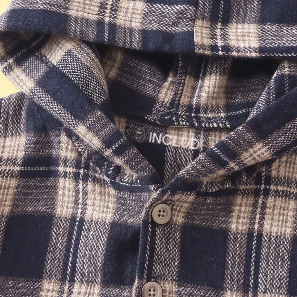 Boys Navy Blue Checked Long Sleeve Hooded Shirt Shirts