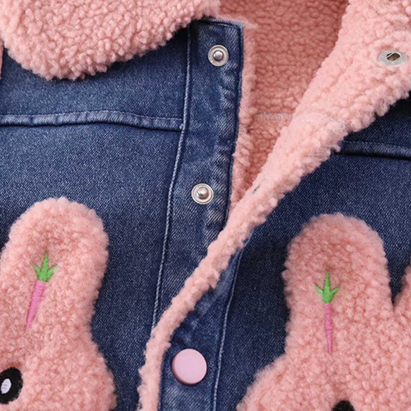 Girls Trendy Sleeveless Denim Jacket with Pink Fleece Lining & Bunny Applique Coats & Jackets