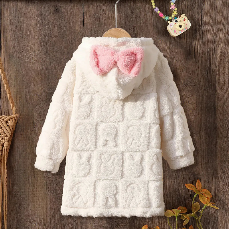 Girls Multicolor Cat Printed Polar fleece Hooded A-line Dress Casual Dresses