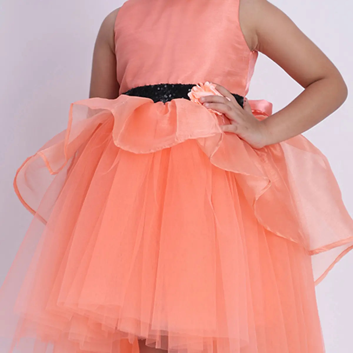 Girls Orange Flower Applique Sleeveless Fit & Flare Dress With Tulle High-Low Hemline Party Dresses