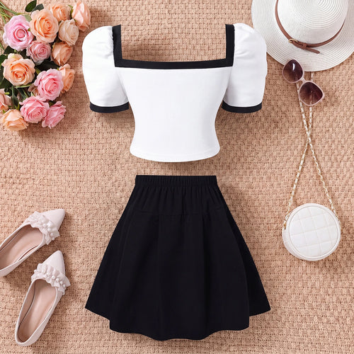 Girls White Bow Applique Puff Sleeve Top With Skirt Sets 2 pc. Sets