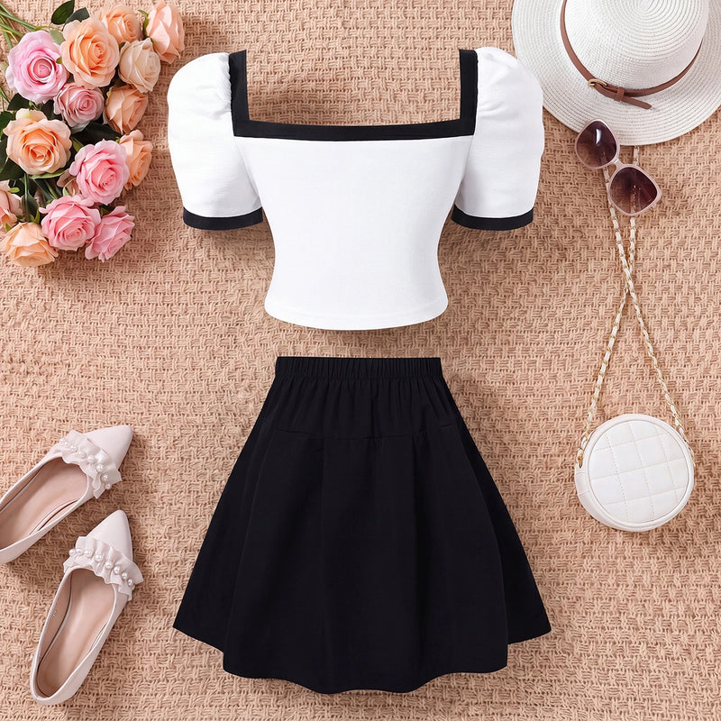 Girls White Bow Applique Puff Sleeve Top With Skirt Sets 2 pc. Sets