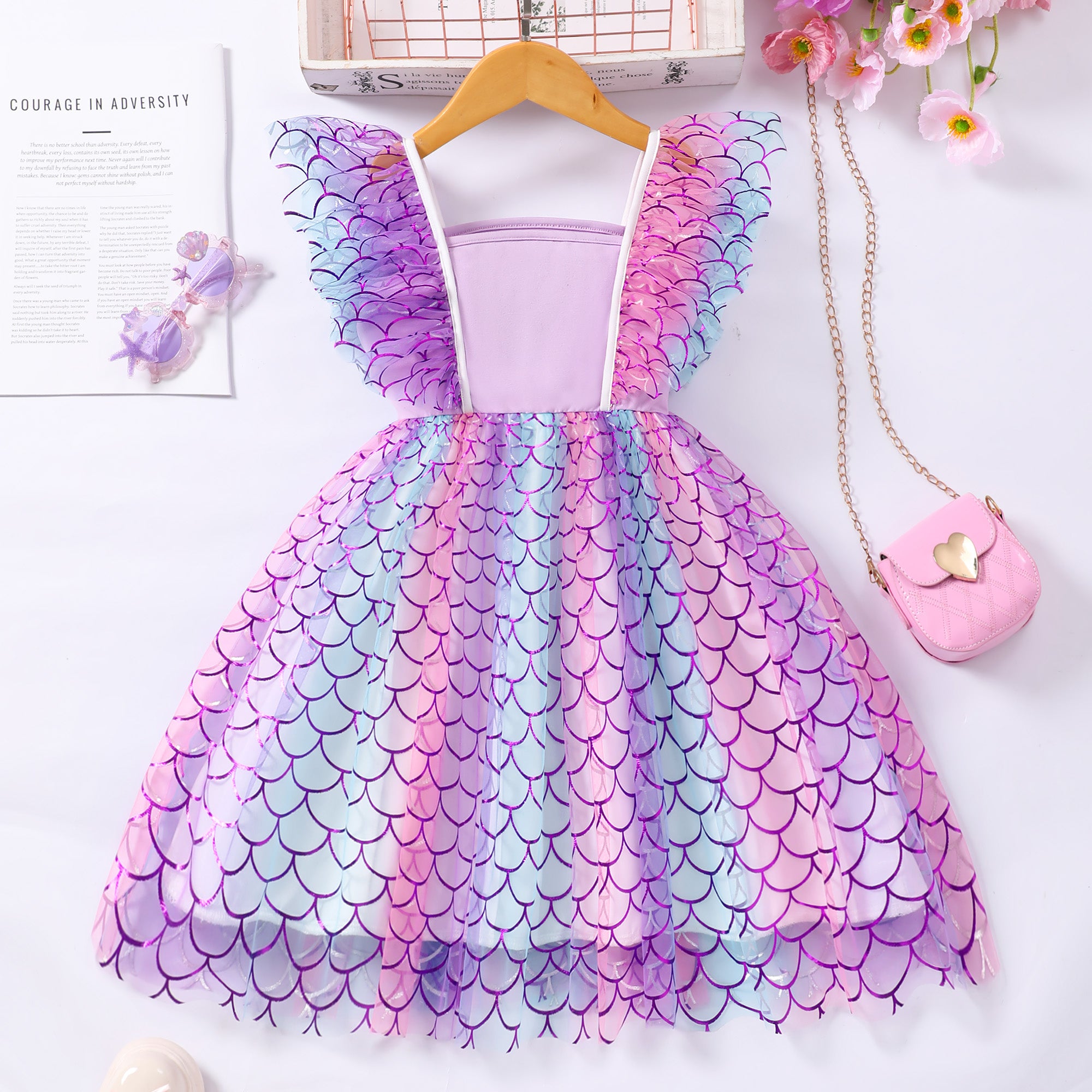 Girls Purple Mermaids Printed Square Neck Dress Casual Dresses