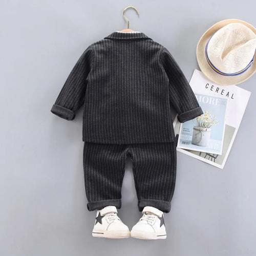 Boys Black Pin Stripes Five-Piece Suit with Vest and Tie Sets Sets