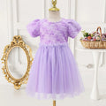 Girls Purple Floral Tulle Overlay Fit & Flare Dress With Puff Sleeves Casual Dresses Purple 3-4 Y