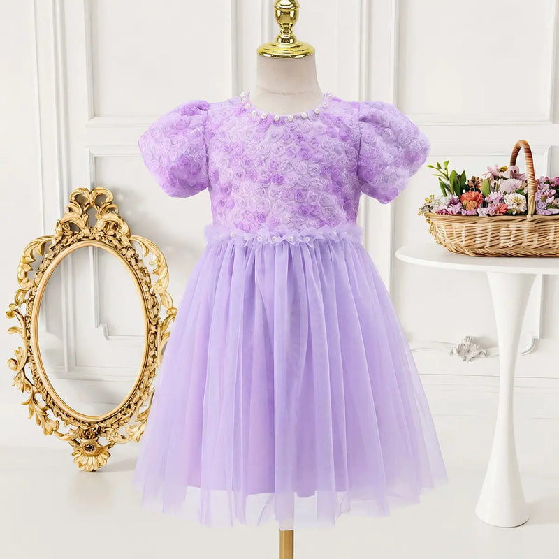 Girls Purple Floral Tulle Overlay Fit & Flare Dress With Puff Sleeves Casual Dresses Purple 3-4 Y