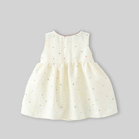 Girls Beige Polka Dot Print Fit & Flare Dress With Patch Embroidery Casual Dresses