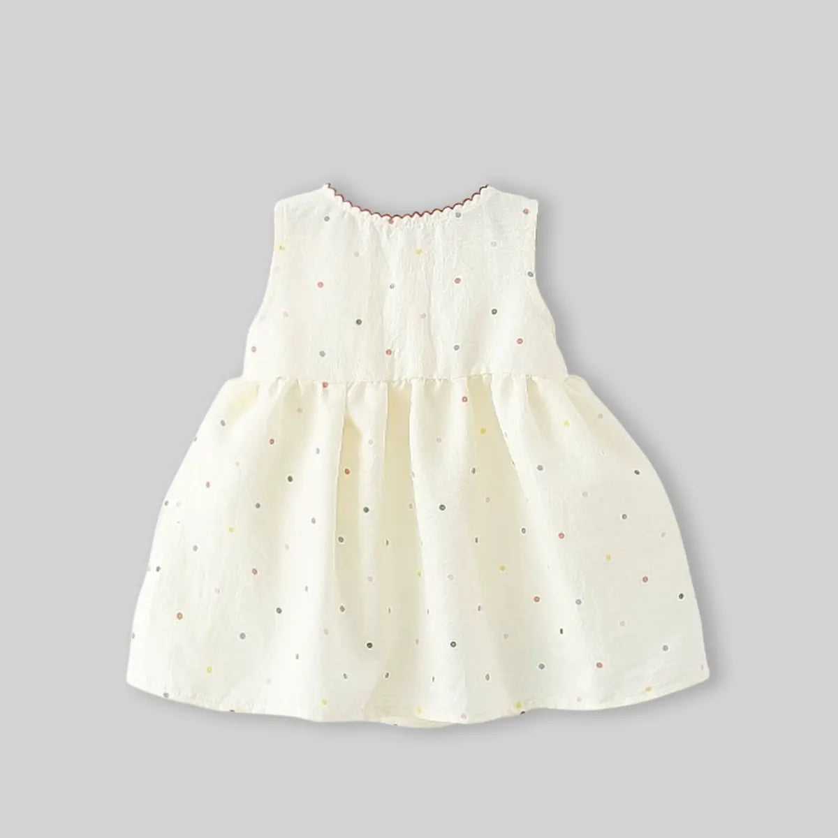 Girls Beige Polka Dot Print Fit & Flare Dress With Patch Embroidery Casual Dresses