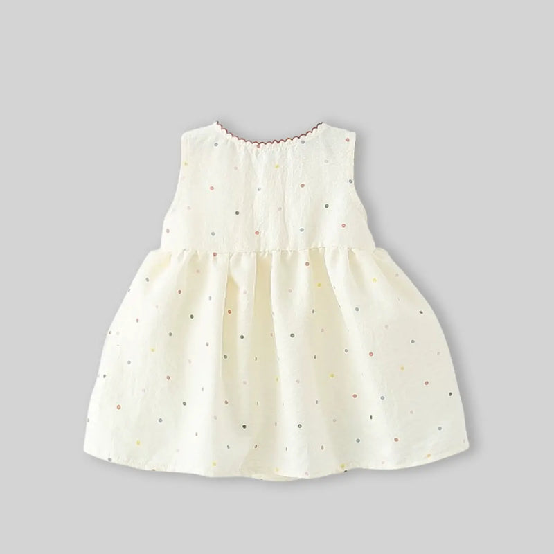 Girls Beige Polka Dot Print Fit & Flare Dress With Patch Embroidery Casual Dresses