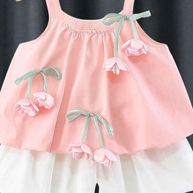 Girls Light Pink Flower Applique Sleeveless Top With Elasticated Shorts Sets 2 pc. Sets