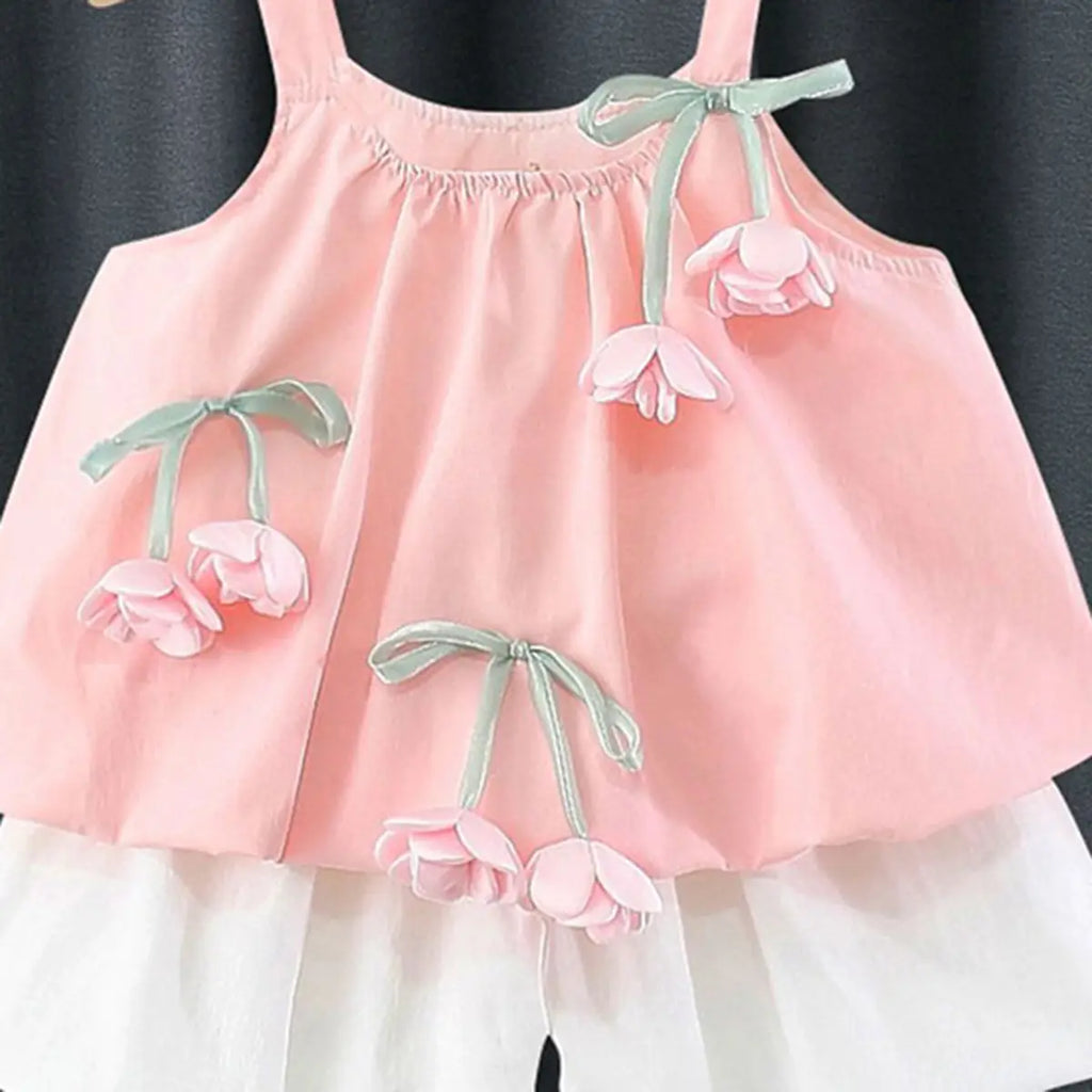 Girls Light Pink Flower Applique Sleeveless Top With Elasticated Shorts Sets 2 pc. Sets