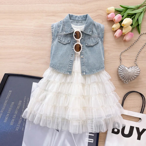 Girls White Textured Sleeveless Tiered Dress with Denim Jacket Casual Dresses White 2-3 Y