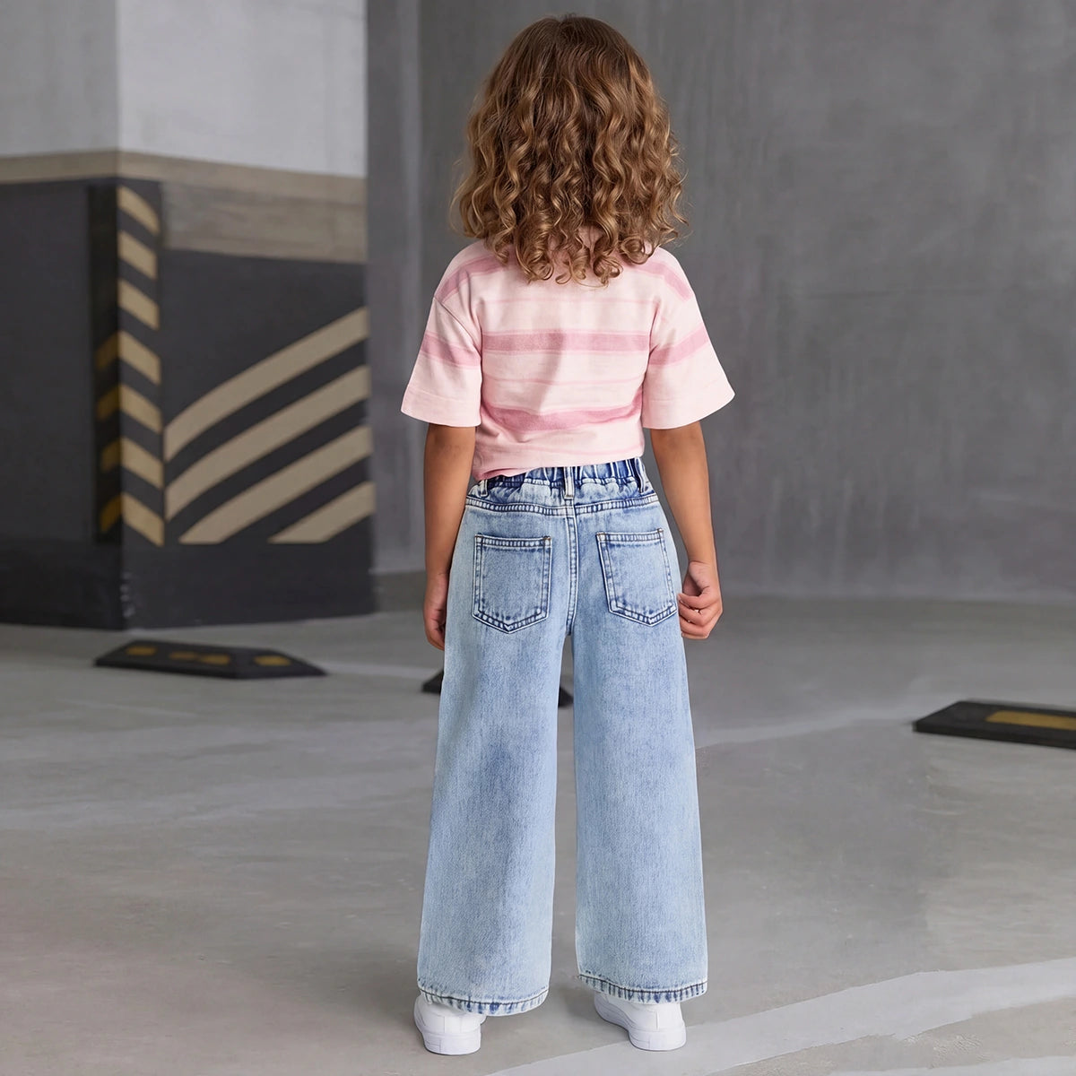 Girls Striped Short Sleeve T-Shirt With Blue Butterfly Print Denim Jeans Sets 2 pc. Sets