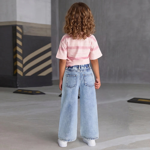 Girls Striped Short Sleeve T-Shirt With Blue Butterfly Print Denim Jeans Sets 2 pc. Sets