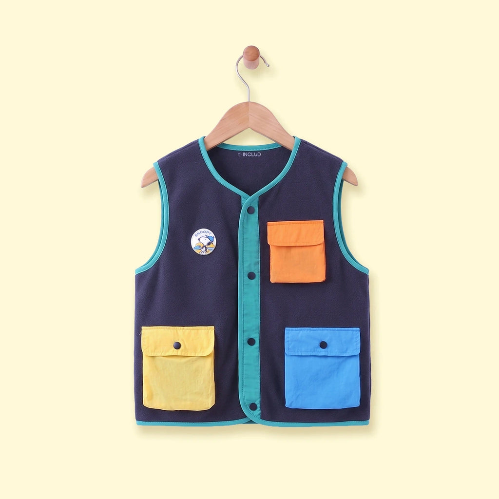 Boys Navy Blue Colorblocked Sleeveless Jacket Coats & Jackets Navy Blue 3-4 Y