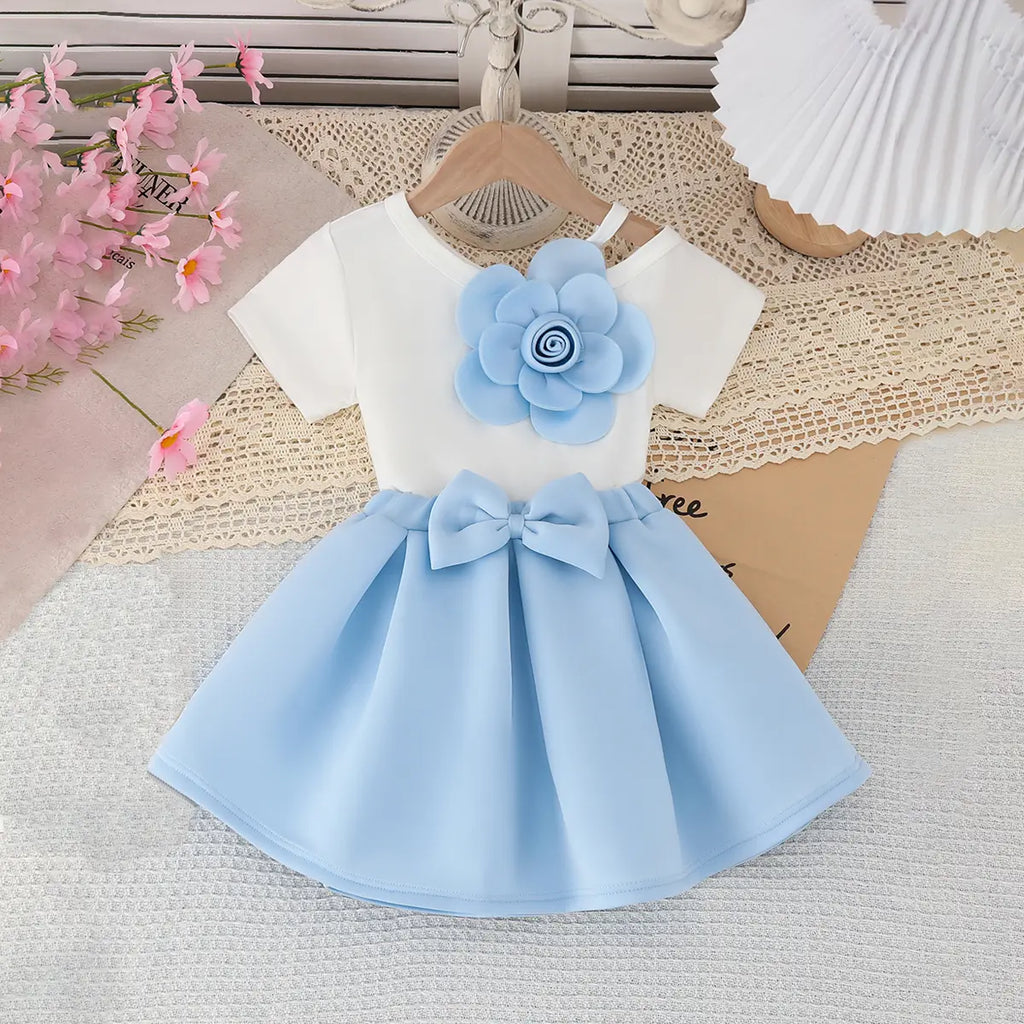 Girl 3D Flower Applique Top With Light Blue Bow Applique Skirt Sets Sets Light Blue 2-3 Y