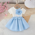 Girl 3D Flower Applique Top With Light Blue Bow Applique Skirt Sets Sets Light Blue 2-3 Y