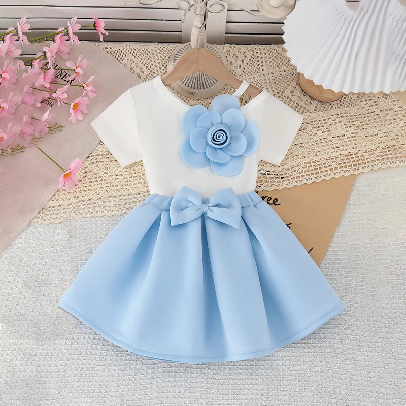 Girl 3D Flower Applique Top With Light Blue Bow Applique Skirt Sets Sets Light Blue 2-3 Y