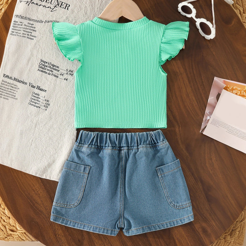 Girls Green Pearl Embellished Top With Denim Shorts Set Sets