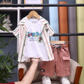 Boys Pink Striped Short Sleeves Shirt With Graphic T-Shirt And Shorts Sets Sets Pink 1-2 Y