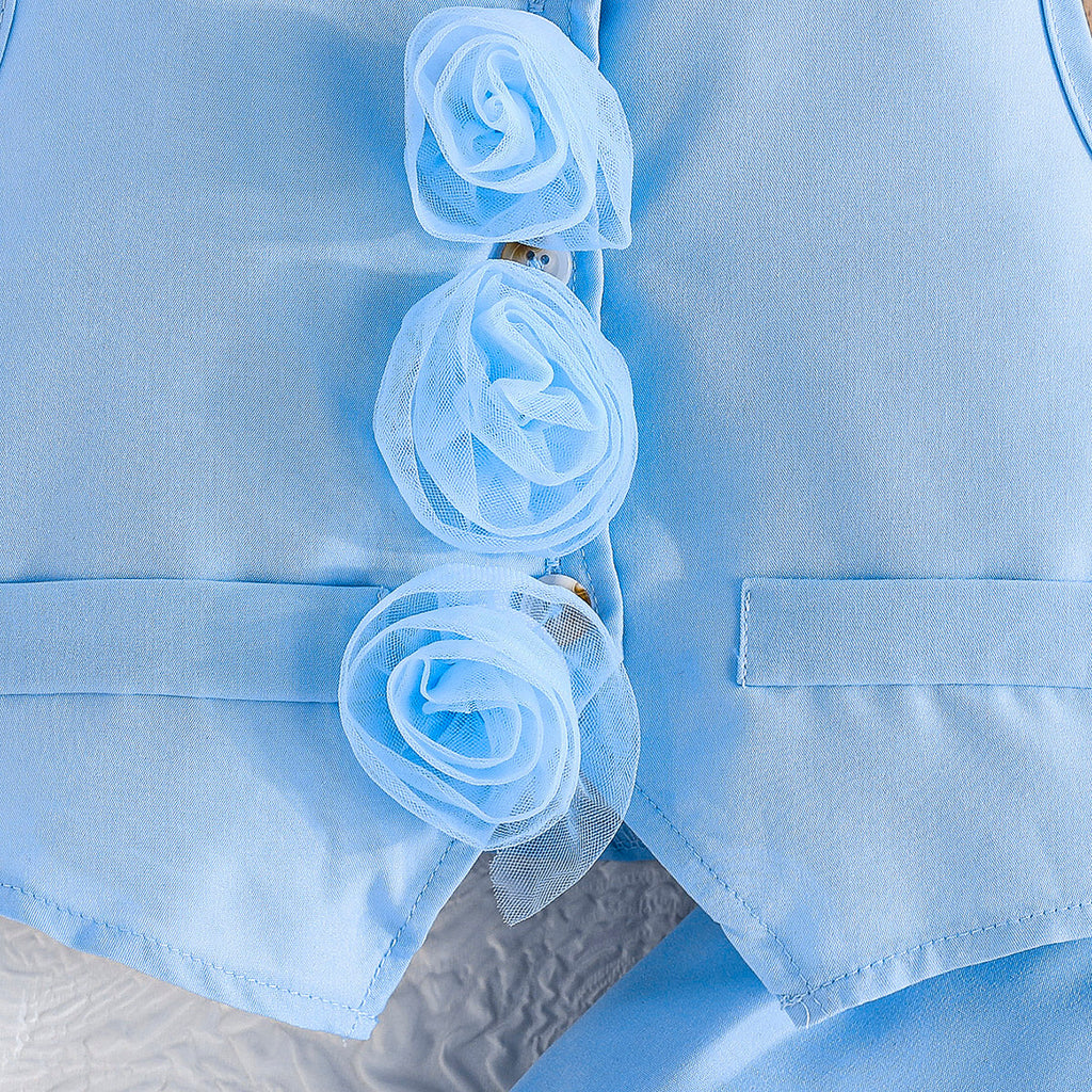 Girls Sky Blue Floral Applique Waistcoat With Camisole Top And Pants Set 3 pc. Sets