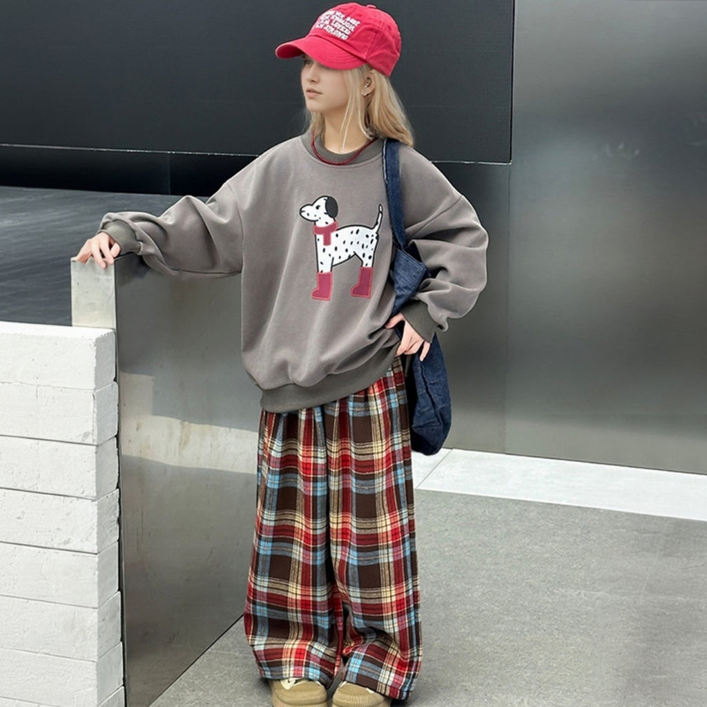 Girls Brown Cartoon Graphic Winter Sweatshirt With Checked Pant Set 2 pc. Sets