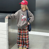Girls Brown Cartoon Graphic Winter Sweatshirt With Checked Pant Set 2 pc. Sets
