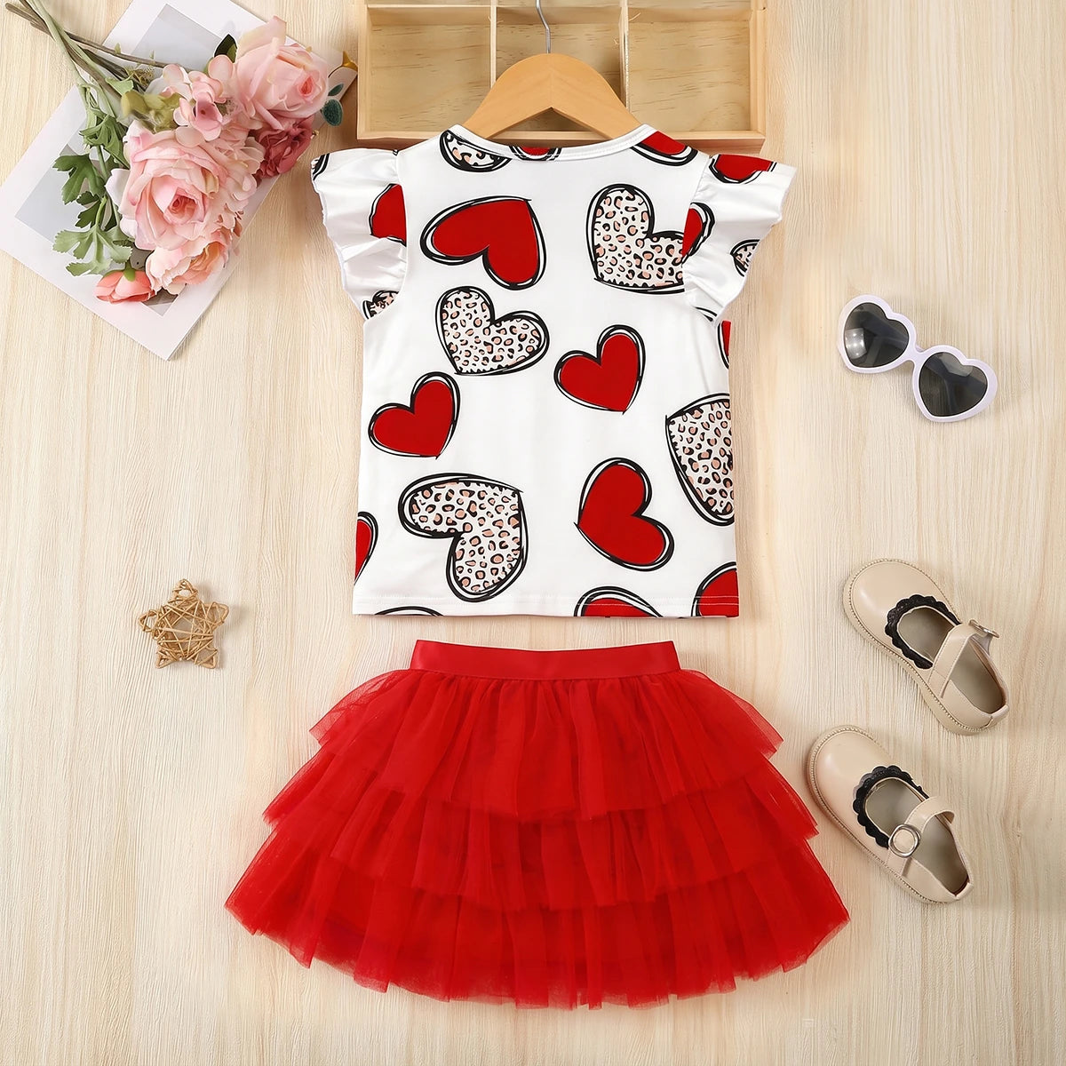 Girls Red Heart Print Flared Sleeve T-Shirt With Skirt Sets 2 pc. Sets